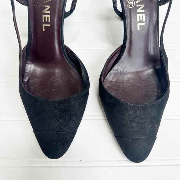 Chanel Slingback Heels Suede Cap Toe Black Gold Emblem CC Heel 36.5 - Picture 4 of 11